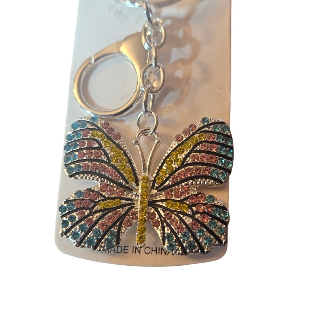 Plero Butterfly‎ Keychain Multi Color Rhinestone Silver Tone Bag Charm NWT